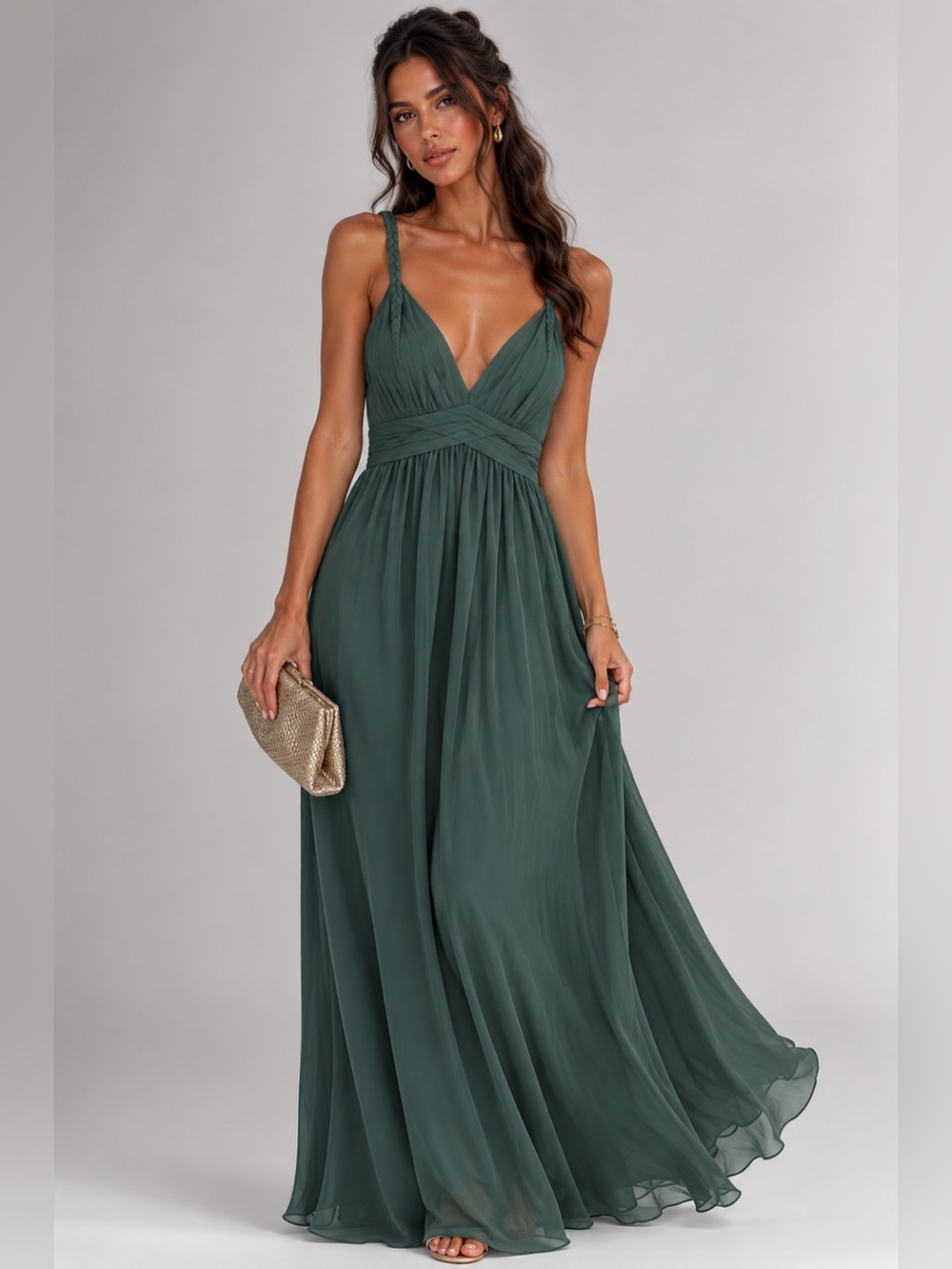 Azazie Elegant Forest Green Braided-Strap V-Neck Maxi Bridesmaid Dress Sz A12